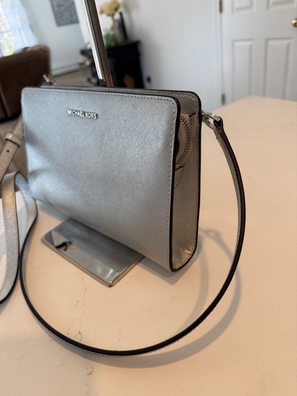Michael Kors Metallic Silver Saffiano Crossbody Bag - Picture 6 of 11
